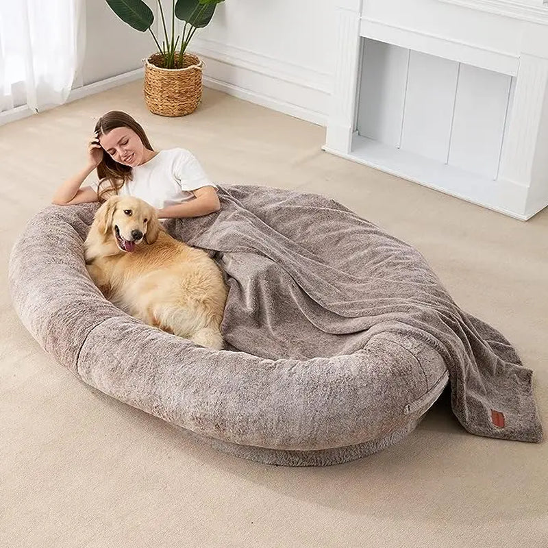 [Summer Sale]Joyfinity Large Human Dog Bed 72"X48"X10" Human-Sized Big Dog Bed for Adults&Pets Giant Beanbag Bed with Washable Fur Cover,Blanket and Strap