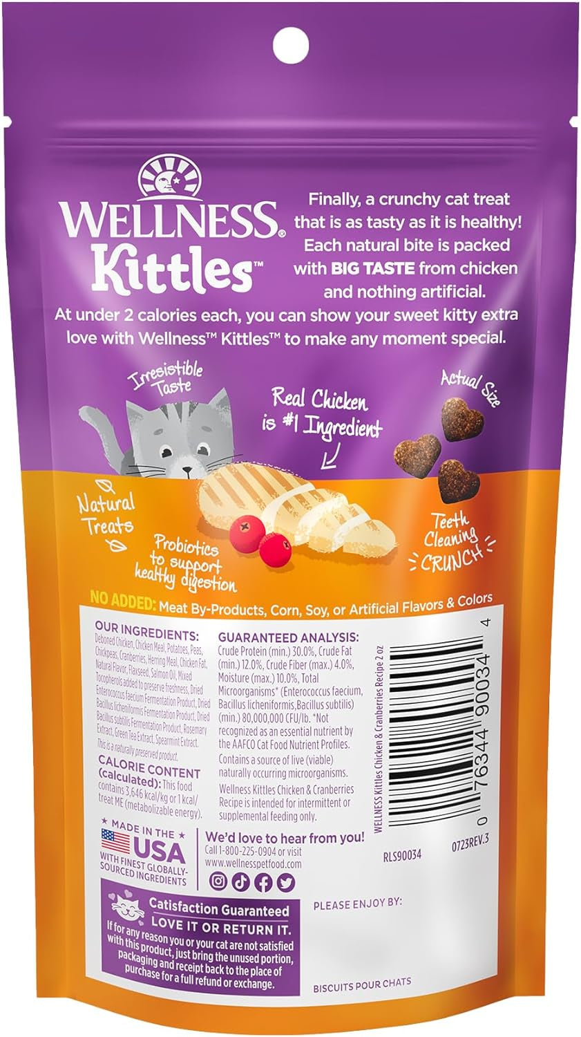 Wellness Kittles Crunchy Natural Grain Free Cat Treats, Chicken & Cranberries Recipe, All Life Stages, 2-Ounce Bag