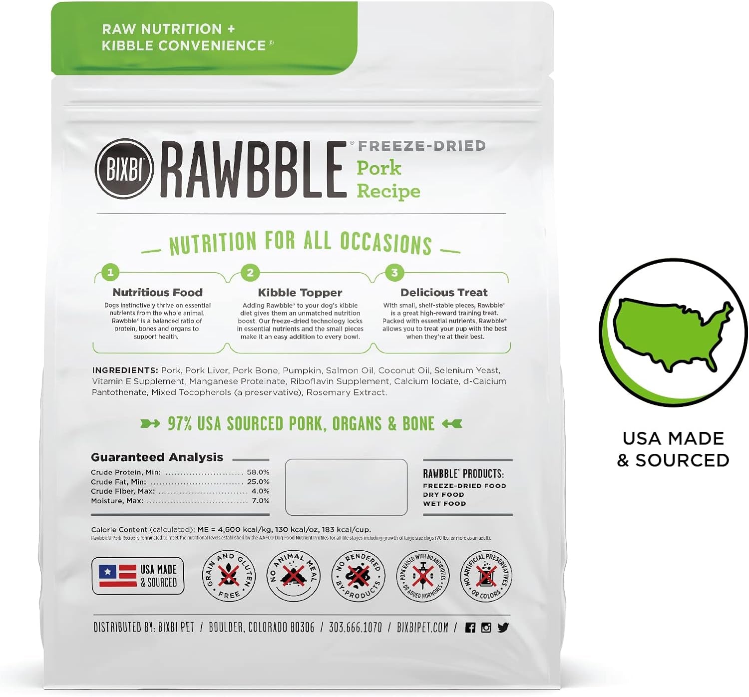 Rawbble Freeze Dried Dog Food, Pork Recipe, 12 Oz - 97% Meat and Organs, No Fillers - Pantry-Friendly Raw Dog Food for Meal, Treat or Food Topper - USA Made in Small Batches