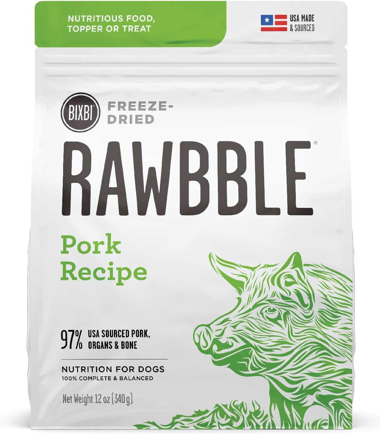 Rawbble Freeze Dried Dog Food, Pork Recipe, 12 Oz - 97% Meat and Organs, No Fillers - Pantry-Friendly Raw Dog Food for Meal, Treat or Food Topper - USA Made in Small Batches