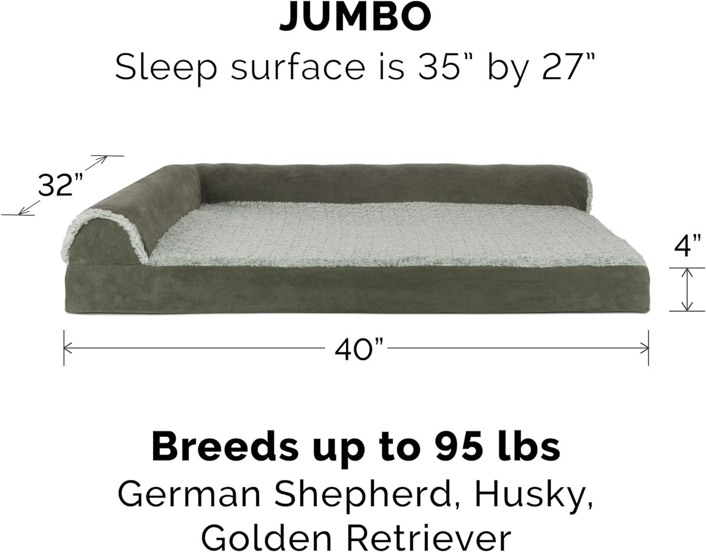 Orthopedic Dog Bed for Large Dogs W/ Removable Bolsters & Washable Cover, for Dogs up to 95 Lbs - Two-Tone Plush Faux Fur & Suede L Shaped Chaise - Dark Sage, Jumbo/Xl