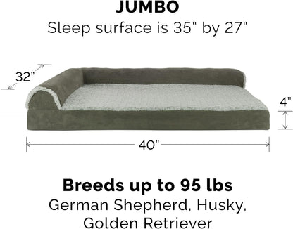 Orthopedic Dog Bed for Large Dogs W/ Removable Bolsters & Washable Cover, for Dogs up to 95 Lbs - Two-Tone Plush Faux Fur & Suede L Shaped Chaise - Dark Sage, Jumbo/Xl