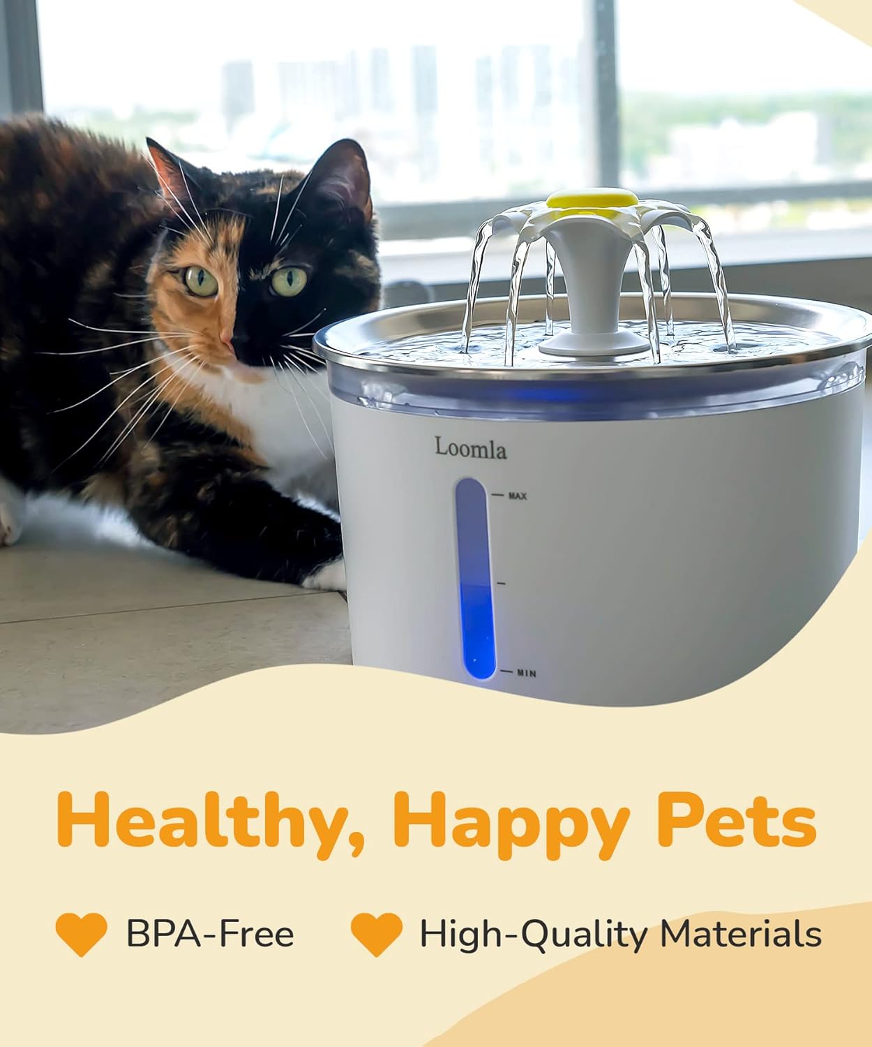 Cat Water Fountain, 85Oz/2.5L Pet Water Fountain Indoor, Automatic Dog Water Dispenser with Switchable LED Lights, 2 Replacement Filters for Cats, Dogs, Pets（Stainless Steel）