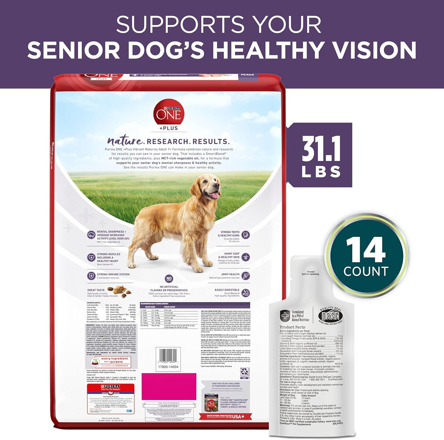 Purina Bundle Pack Senior Dog Food and Eye Care Dog Supplements, ONE +Plus Vibrant Maturity with Everroot