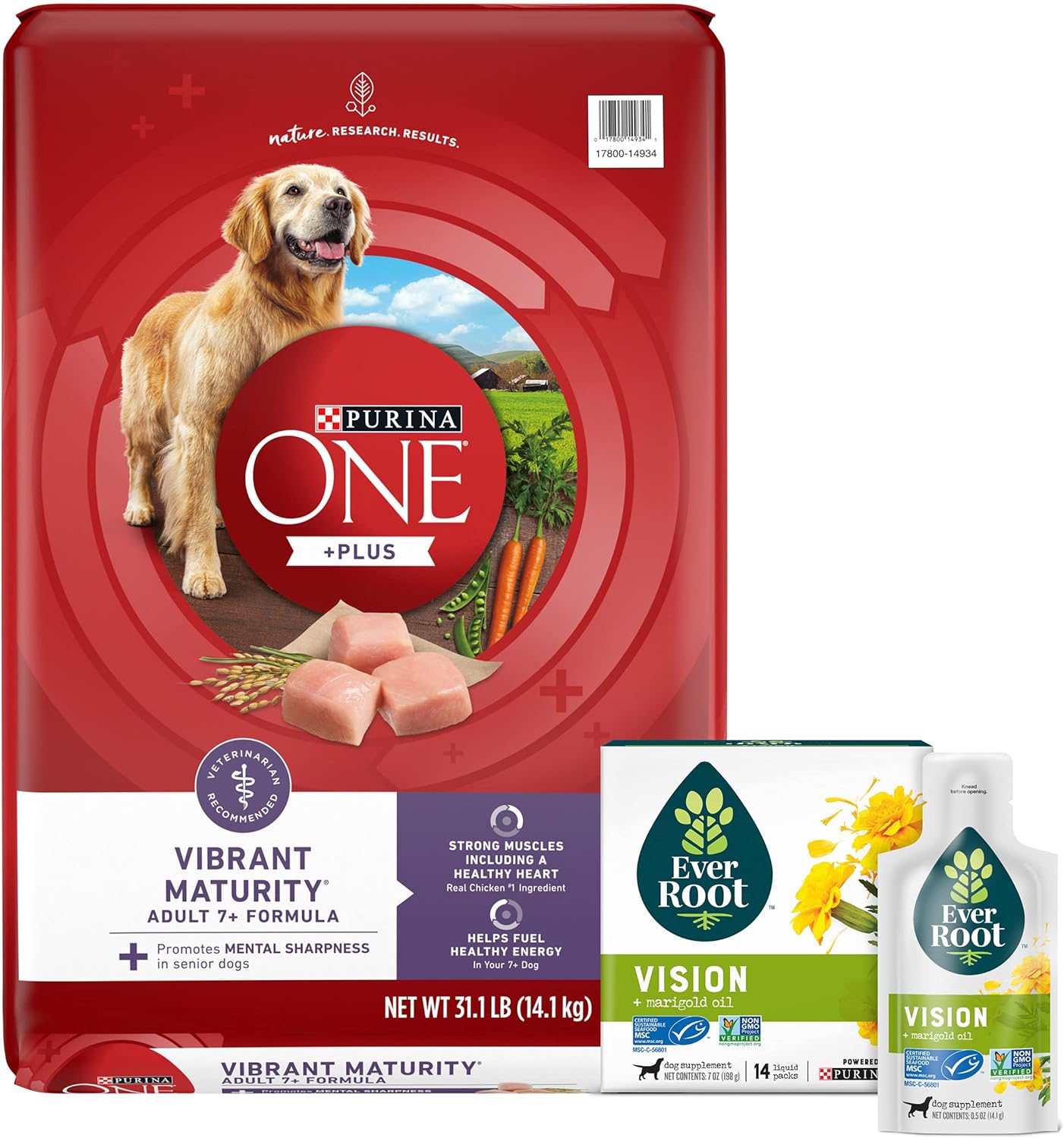 Purina Bundle Pack Senior Dog Food and Eye Care Dog Supplements, ONE +Plus Vibrant Maturity with Everroot