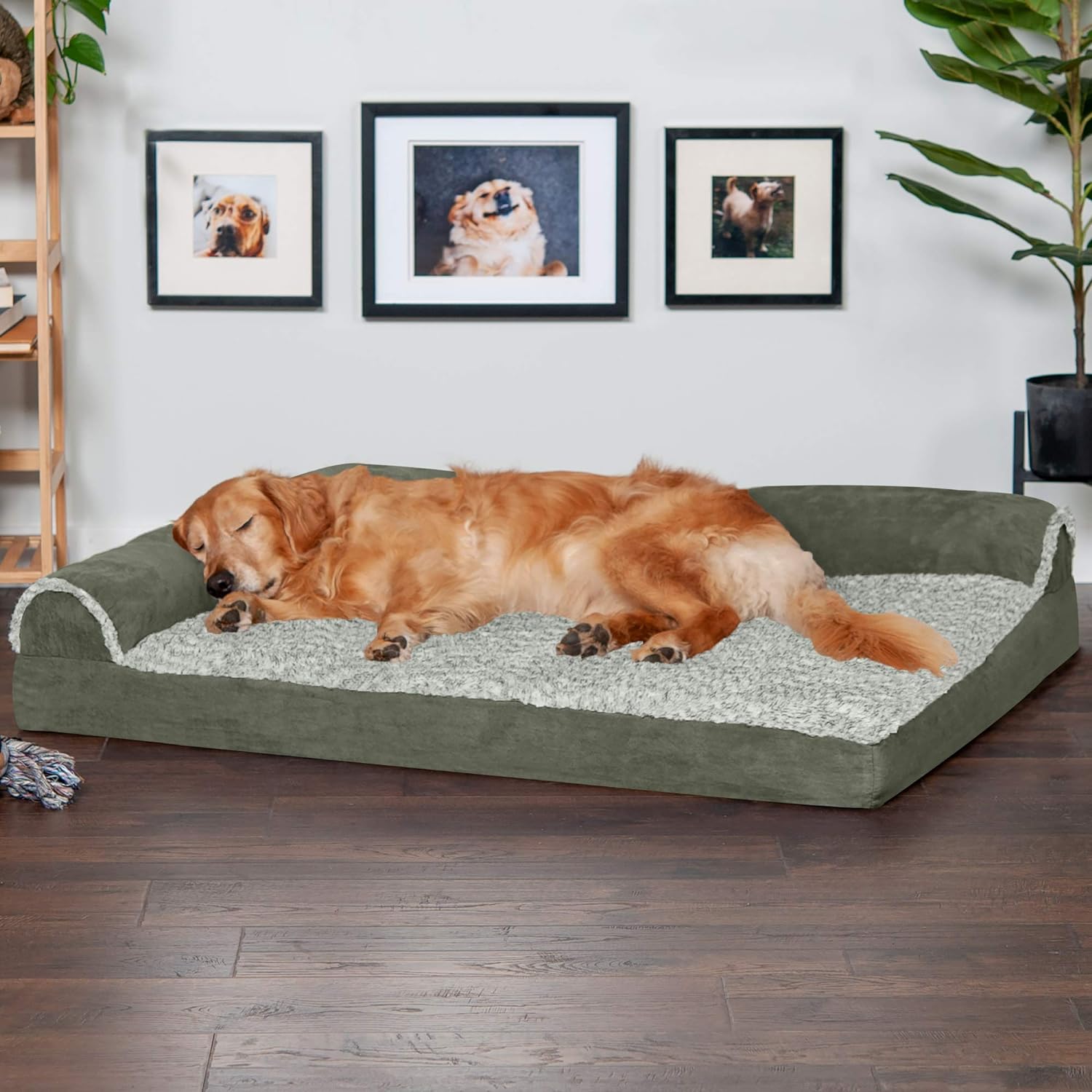 Orthopedic Dog Bed for Large Dogs W/ Removable Bolsters & Washable Cover, for Dogs up to 95 Lbs - Two-Tone Plush Faux Fur & Suede L Shaped Chaise - Dark Sage, Jumbo/Xl