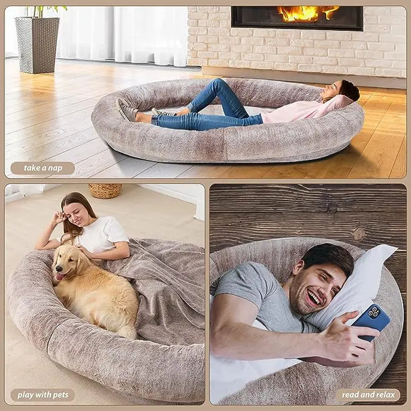 [Summer Sale]Joyfinity Large Human Dog Bed 72"X48"X10" Human-Sized Big Dog Bed for Adults&Pets Giant Beanbag Bed with Washable Fur Cover,Blanket and Strap