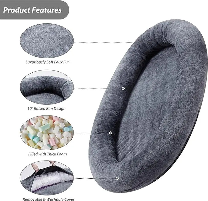 [Summer Sale]Joyfinity Large Human Dog Bed 72"X48"X10" Human-Sized Big Dog Bed for Adults&Pets Giant Beanbag Bed with Washable Fur Cover,Blanket and Strap