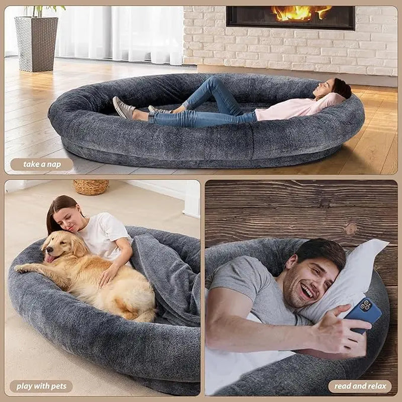 [Summer Sale]Joyfinity Large Human Dog Bed 72"X48"X10" Human-Sized Big Dog Bed for Adults&Pets Giant Beanbag Bed with Washable Fur Cover,Blanket and Strap