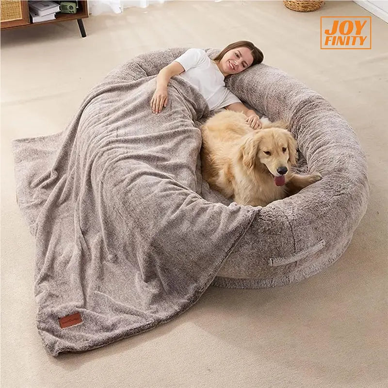 [Summer Sale]Joyfinity Large Human Dog Bed 72"X48"X10" Human-Sized Big Dog Bed for Adults&Pets Giant Beanbag Bed with Washable Fur Cover,Blanket and Strap